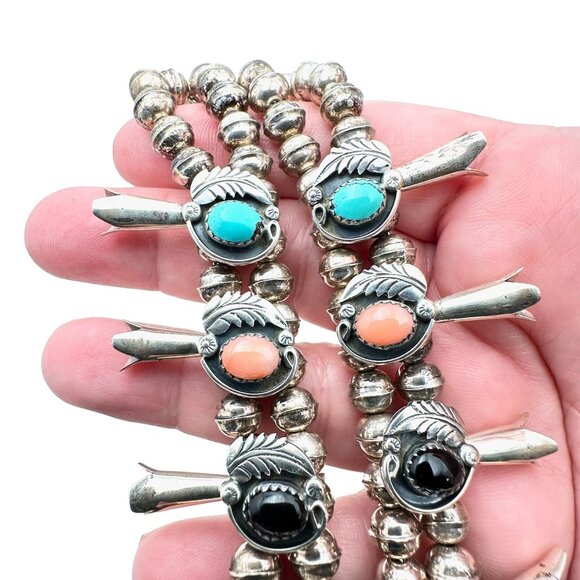 Native American M Haley Sterling Silver Gemstone Squash Blossom Necklace 100 GMS - Picture 13 of 15